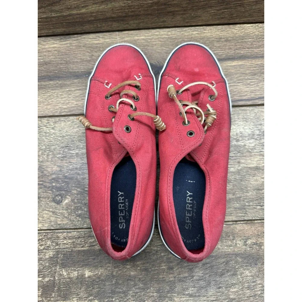 Womens Sperry Top-Sider Classic‎ Red Canvas Leather Laces Boat Shoes Flats Sz 10